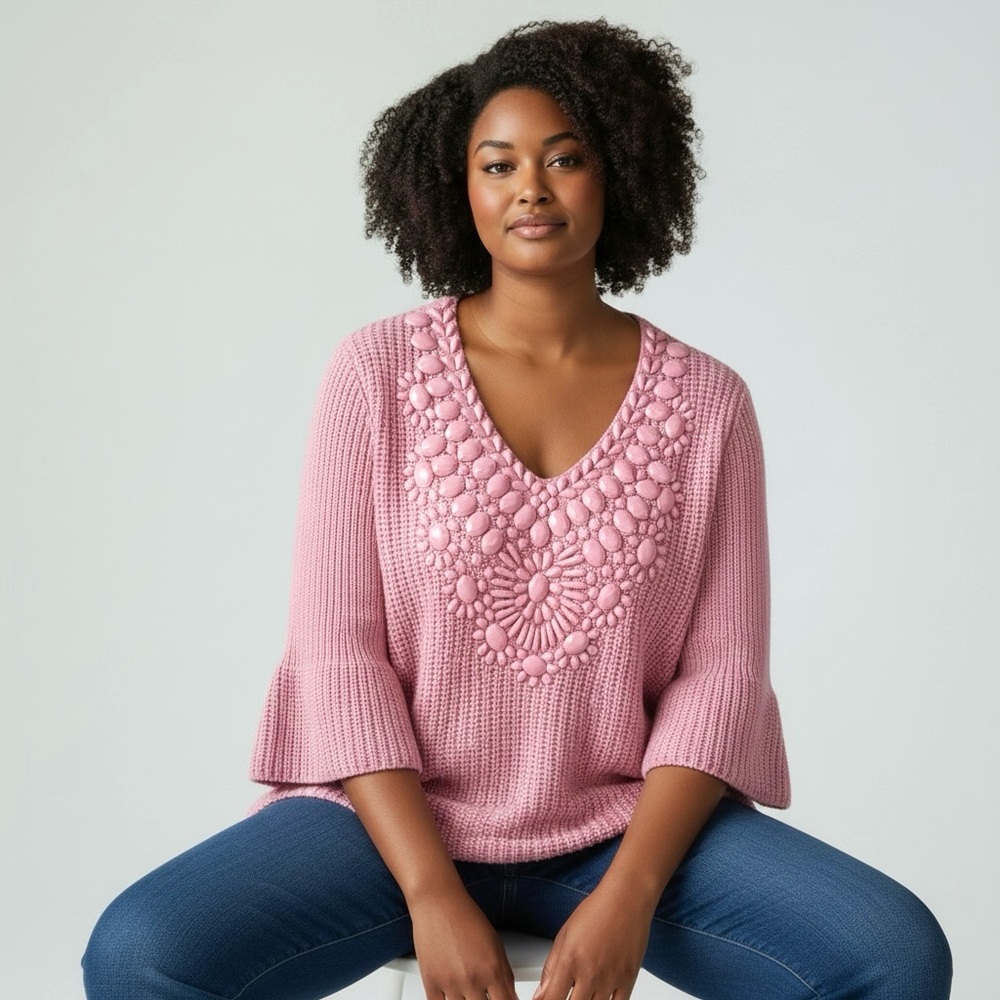 V Cristina Knit Sweater Jewel Embellished 3/4 Bell Sleeve V-Neck Hi-Low Hem